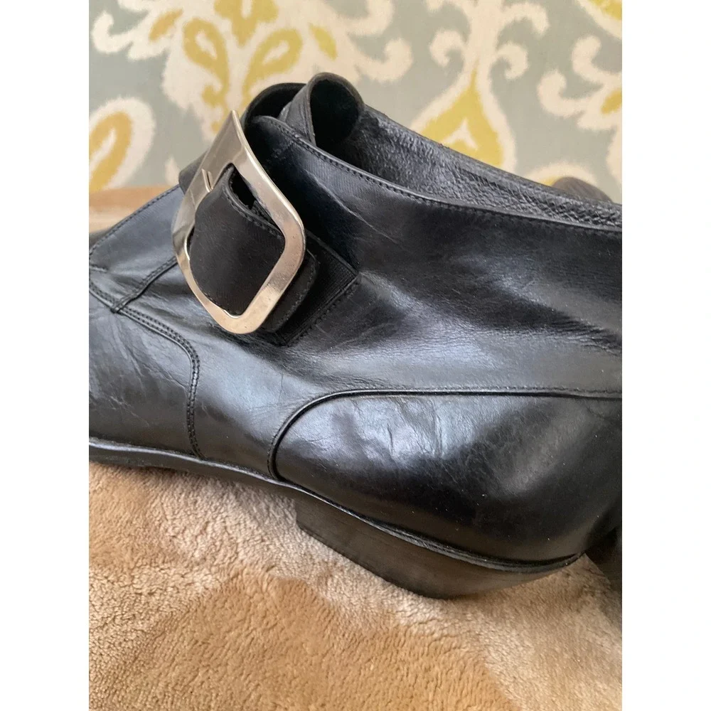 Browns Italy Black Leather Buckle Ankle Boots Pointed Toe Cone Heel Size 38